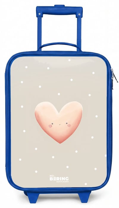 NoBoringSuitcases.com® - Kinderkoffer blauw - Kindertrolley jongen - Roze hart omringd door beige stippen - Koffer kind lichtgewicht - Reiskoffer trolley voor kinderen - Koffertje met lichtgevende wieltjes - Rolkoffer