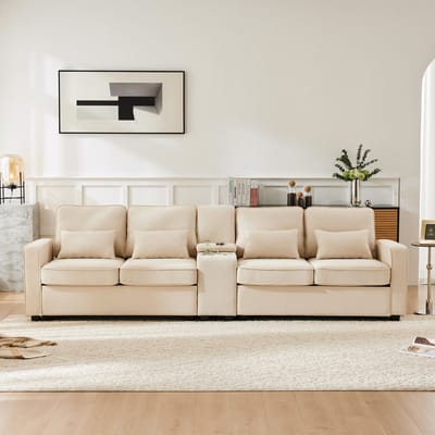 4-zits linnen bank met console, 2 USB-poorten en kabel - voor woonkamer, kantoor, appartement - 4-5 personen - diverse kleuren - 2 drankhouders en opbergvakken - 4 lendenkussens inbegrepen