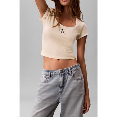 Calvin Klein Ss Monologo Scoop Neck Top Vanilla Custard Taglia: XS | Maglie Sportivi Outlet | Donna | Bianco