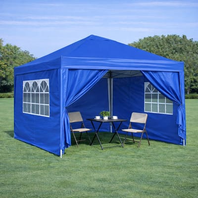 Pugsdrly Vouwtent 3 x 3 m, waterdicht, stabiel en winterbestendig, met 4 zijwanden en 4 zandzakken, UV-bescherming 50+, opvouwbaar, ideaal voor tuin, feest en kamperen, stalen frame (blauw)