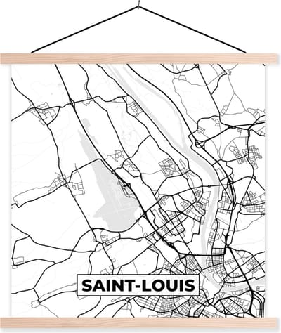 Posterhanger incl. Poster 40x40 cm - Schoolplaat - Kaart - Saint-Louis - Stadskaart - Frankrijk - Plattegrond - Zwart wit - Textielposter - Blanke latten - Stadskaart