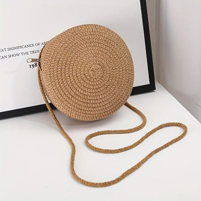 1 stuks Handgemaakte Boheemse Stijl Ronde Geweven Draagtas - Ritssluiting, Duurzaam Schouderband, Perfect voor Strandvakanties, Strand Draagtas beige