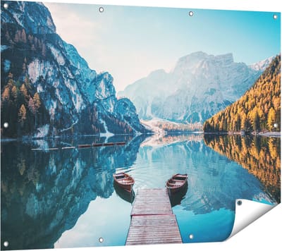 Gards Tuinposter Twee Bootjes op het Meer in de Bergen - 120x90 cm - Tuindoek - Tuindecoratie - Wanddecoratie buiten - Tuinschilderij