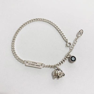 Bracelet en argent sterling 925 avec lettre éléphant carrée et carte simple rétro pour femme S-B416 16.5cm add 3.5cm gray