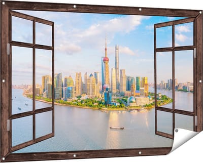 Gards Tuinposter Doorkijk Skyline Shanghai Stad in China - 150x100 cm - Tuindoek - Tuindecoratie - Wanddecoratie buiten - Tuinschilderij