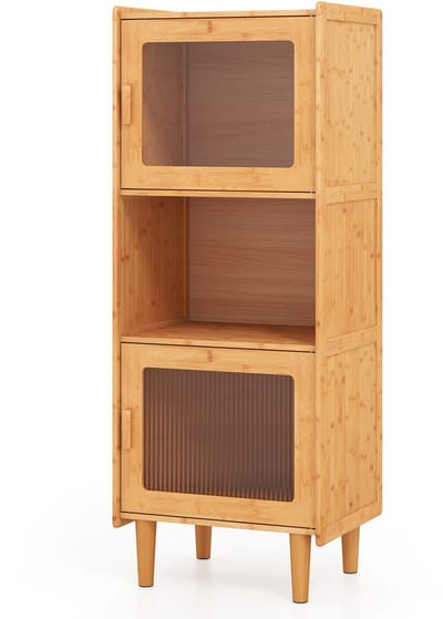 COSTWAY Keukenkast van bamboe, 3 verdiepingen tellende buffetkast met 2 acryldeuren en open vak, vitrinekast vrijstaand, voorraadkast voor keuken, woonkamer, natuur, 49,5 x 40 x 130 cm