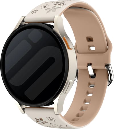 Strap-it Flower Sportbandje Siliconen 20mm – geschikt voor Samsung Galaxy Watch 7 (40mm) / Galaxy Watch 7 (44mm) / Galaxy Watch 6 Classic / Galaxy Watch 5 Pro / Galaxy Watch 4 / Galaxy Watch 3 / Watch FE – Polar Ignite 2 – Starlight & Beige