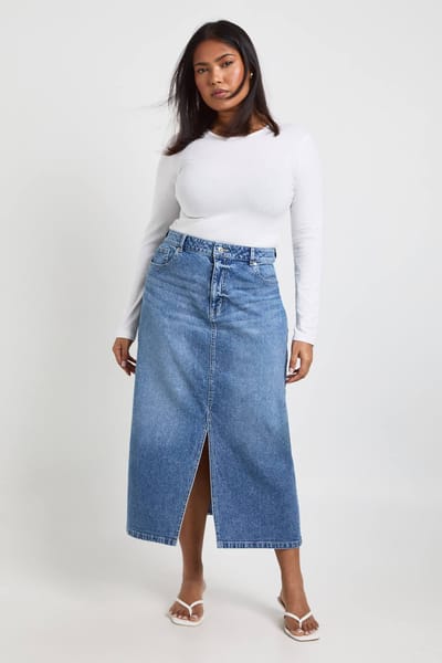 boohoo Dames Plus Denim Midaxi-rok | Mid Wash | Maat: 16
