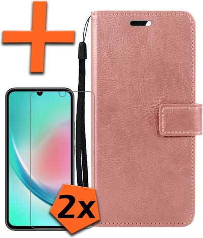 Hoes - Met 2x Screenprotector - Geschikt voor Samsung Galaxy A34 - Luxe Pasjeshouder - Bookcase Portemonee - Flip Case - Kunstleer Book Case - Flipcase Hoes - Book Cover - Walletcase - PortemonneeHoes - Rosé goud