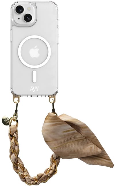 AVY Hoesje geschikt voor Apple iPhone 15 | Compatibel met MagSafe | Clear Case met Telefoonkoord 32CM | Polsband Aurum Gold