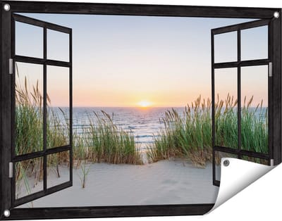 Gards Tuinposter Doorkijk Zee vanuit Duinen met Zonsondergang - 90x60 cm - Tuindoek - Tuindecoratie - Wanddecoratie buiten - Tuinschilderij