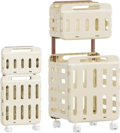 Opvouwbare wasmand - Wasverzamelaar Kledingopslag - Huishouden Organiseren - Tweelaags met wielen - 47 x 41 x 14 cm - Crèmekleurig