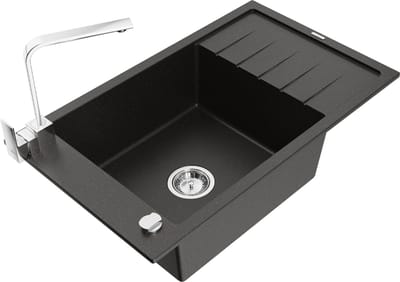 Mexen Elias granieten spoelbak 1-komerig met afdruiprek en keukenmengkraan Rita, zwart/zilveren metallic - 6511-73-670300-70