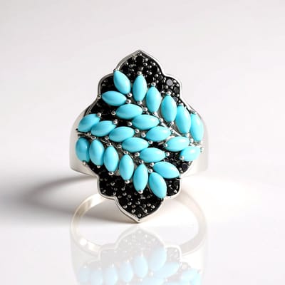 Cavill - Zilveren Ring - 925 Sterling Zilver Platina Geplateerd - 2,376 ct Sleeping Beauty Turkoois & 0,843 ct Zwarte Spinel - Elegant Marquise