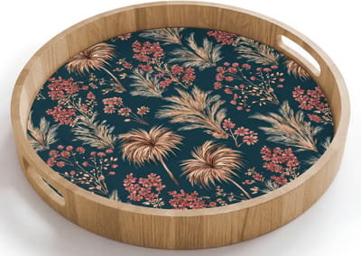 Dienblad rond 40x40 cm - Schootdienblad hout - Botanisch - Patroon - Blauw - Borrelplank rechthoek - Plateau houten dienbladen