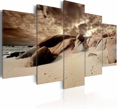 Schilderij - Rotsen en Zee, 5luik , beige bruin , wanddecoratie , premium print op canvas