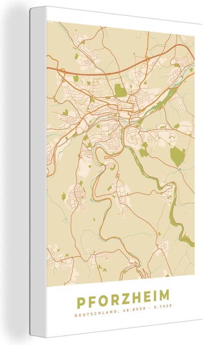 Canvas Schilderij Pforzheim - Plattegrond - Vintage - Stadskaart - Kaart - 20x30 cm - Wanddecoratie
