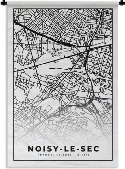 Wandkleed - Wanddoek - Stadskaart - Noisy-le-Sec - Plattegrond - Kaart - Frankrijk - Zwart wit - 120x180 cm - Wandtapijt