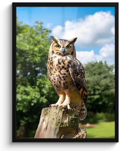 Poster in lijst - Fotolijst 50x70 cm - Posters - Uil - Boomstronk - Bos - Lucht - Posterlijst zwart - Decoratie - Wanddecoratie woonkamer - Muurdecoratie slaapkamer