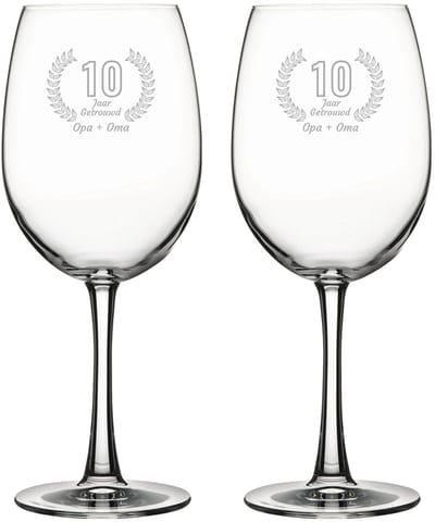 Gegraveerde set rode wijnglazen 58cl Opa + Oma 10 jaar getrouwd