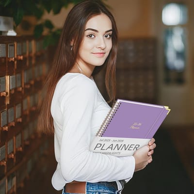 Dagplanner 2025-2026 - Week- en maandoverzicht - 21,6 x 27,9 cm - Kolomindeling - Kleurige maandtabbladen - Stevige ringband - Metalen hoekbeschermer