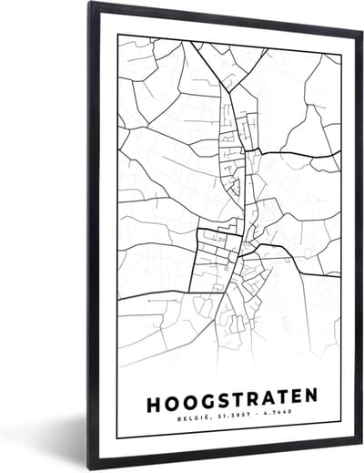 Fotolijst incl. Poster Zwart Wit- België – Hoogstraten – Stadskaart – Kaart – Zwart Wit – Plattegrond - 40x60 cm - Posterlijst