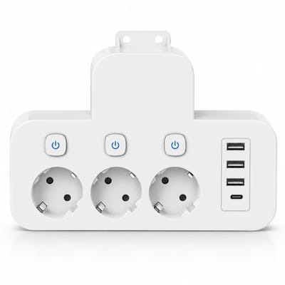 KARZO 7-in-1 EU Wandadapter – Wandmontage Stekkerdoos – 3 AC Stopcontacten – 3 USB-A Poorten en 1 USB-C Poort – Onafhankelijke Schakelaars – Wit