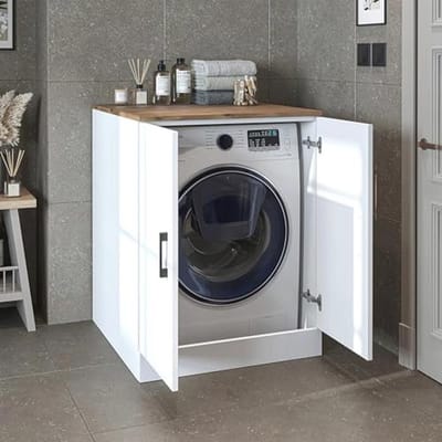 Badkamer Wasmachinekast - Wastoren en Wasmachinerek - 70 x 180 x 69 cm - Wit Eiken