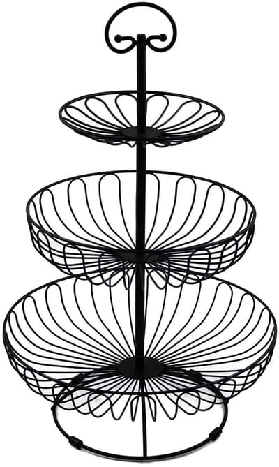 Dailygoods- Etagère 3 Laags - Fruitschaal - Zwart - Voor meer ruimte op het werkblad - Afmetingen: 47 cm hoog, max. diameter 30 cm. - Fruitmand
