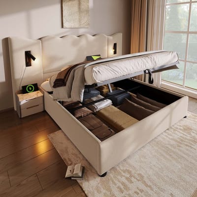 DESMIU Gestoffeerd Bed 160x200cm Zonder Matras – Bed Met Leeslamp En Oplaadfunctie – Hydraulische Opbergruimte – Slaapkamer – Linnen – Beige