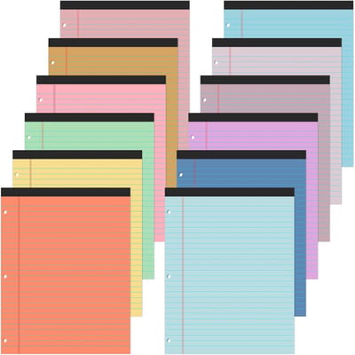 Gekleurde Notitieblokken Set van 12, A4 formaat, Gelijnd Papier met 3 Gaten