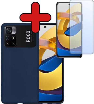 Hoesje - Met Screenprotector - Geschikt voor Xiaomi Poco M4 Pro 5G - Sterk & Shockproof - Telefoon Hoes - Back Cover - Siliconen Case - Telefoonhoes - Donkerblauw