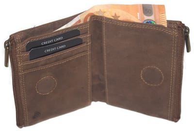 Oi Hunter bruine leren dames portemonnee met magneet sluiting small / zeer zachte kleine damesbeurs met 2 ritsen / soepel en compact portemonneetje / anti skim / bruin leer / 541H