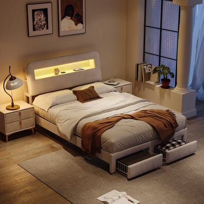 Tweepersoonsbed 140x200 cm – Beige Fluweel – 2 Lade Bed + Hoofdbord Opbergruimte – LED Verlichting & USB Oplaadpunten – Modern Opbergbed