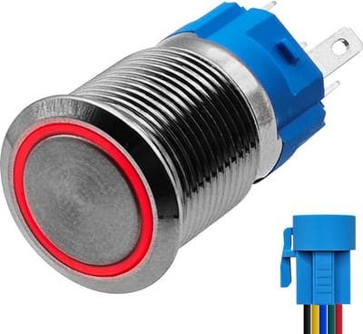 ProRide Metalen Drukschakelaar 12V ON-OFF - 16mm - Aan/uit schakelaar met Aansluitkabel - Spatwaterdicht - 12V/24V - LED Indicatie Rood