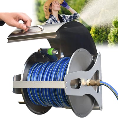 Mobiele Slanghouder - Roestvrij Staal - Tuin Besproeien - Met Deksel Wandmontage - 30x37x31cm - Zilver