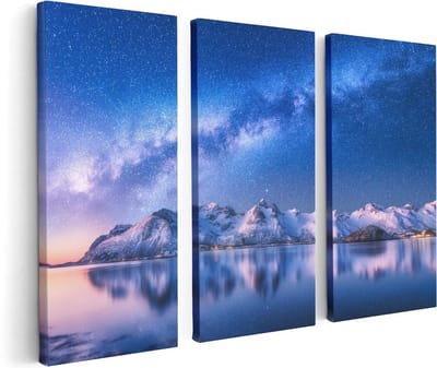 Artaza Canvas Schilderij Drieluik Melkweg Bij Besneeuwde Bergen - 120x80 cm - Wanddecoratie Woonkamer - Schilderijen - Muurdecoratie