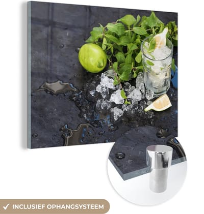MuchoWow® Glasschilderij 120x90 cm - Schilderij acrylglas - Cocktail - Mojito - Ijsblokjes - Foto op glas - Schilderijen