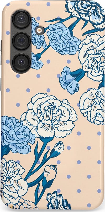 Casetastic hoesje geschikt voor Samsung Galaxy S25 Plus - Dubbellaagse bescherming - Anjer elegantie - Fashion Case - Zand Zilver Lichtblauw