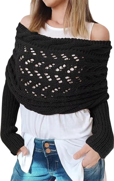 Dames Gebreide Omslagsjaal Vest – Gehaakte Wrap met Gevlochten Mouwen, Twist Patroon, Opengewerkt, Effen Kleur, Bohemian Stijl - Zwart