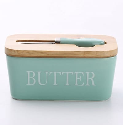 ZYLARO Botervloot - Botervloot met Botermes en Deksel - 600 ml Botervloot van Keramiek en Bamboe - tiff blauw