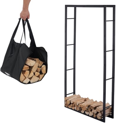 Dailygoods- Brandhoutrek - Stevige constructie - Houtopslag binnen - Draagtas - Houtberging - Hoogwaardig gepoedercoat staal (100x25x196cm)