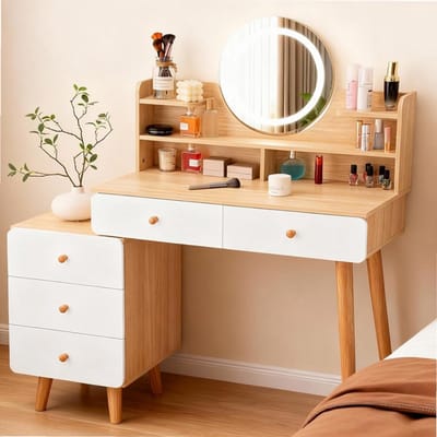 Make-uptafel met led-spiegel, make-uptafel met 5 laden en 6 legplanken, 40 x 80 x 134 cm, kaptafel met uittrekbare opslag, moderne stijl van hout, wit