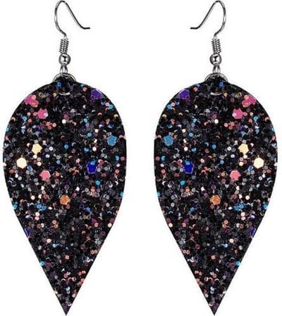 Fako Bijoux® - Oorbellen - Omgekeerde Druppel - Glitter - Kunstleer - Zwart
