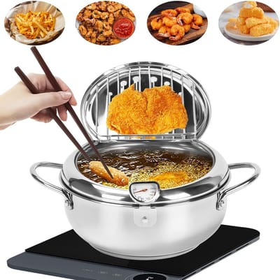 Mini Roestvrijstalen Friteuse Pan met Deksel en Temperatuurregeling - 24 cm voor Gas- en Inductiekookplaten