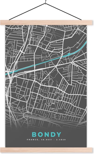 Posterhanger incl. Poster 40x60 cm - Schoolplaat - Bondy - Frankrijk - Plattegrond - Kaart - Stadskaart. - Textielposter - Blanke latten - Stadskaart