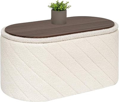 Ovale Voetenbank met Opbergruimte - Inklapbare Poef met Deksel - Opbergkruk voor Voeteneinde Bed - Multifunctionele Hocker voor Woonkamer, Slaapkamer en Hal - Wit 76 x 38 x 38 cm