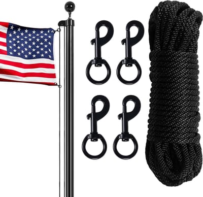 Vlaggenmast Touwset - Halyard Touw Clips - Buiten Vlaggen - 12 Strengen Nylon - 100 Ft x 1/4 Inch - Zwart