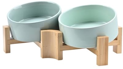 Kantelbare keramische hondenbak met houten standaard - Antislip voer- en waterbak voor kleine en middelgrote honden en katten - 400 ml - Groen