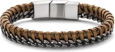 Frank 1967 – Heren Armband – 7B-0751 - schakelarmband heren leer en staal - cognacbruin - 21 cm